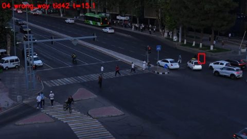 A cyclist on the upper crossing flagged as wrong-way.